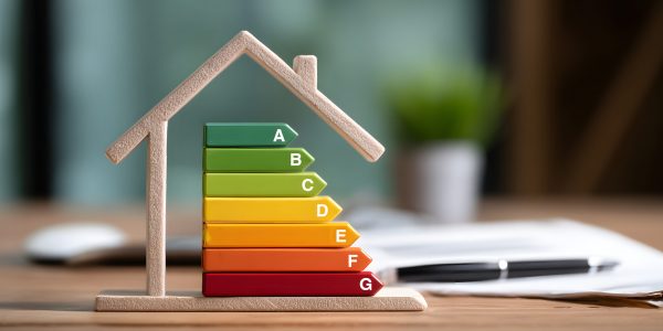 Diagnostic de performance énergétique (DPE) d'une maison sur un bureau moderne avec des documents en arrière-plan