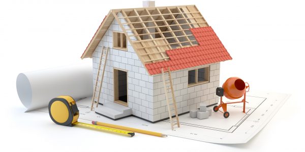 House construction concept. Small 3D model of house and plans isolated on white background. 3D illustration